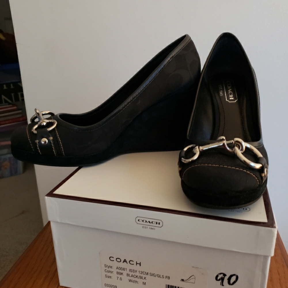 Coach black denim and suede wedge heels